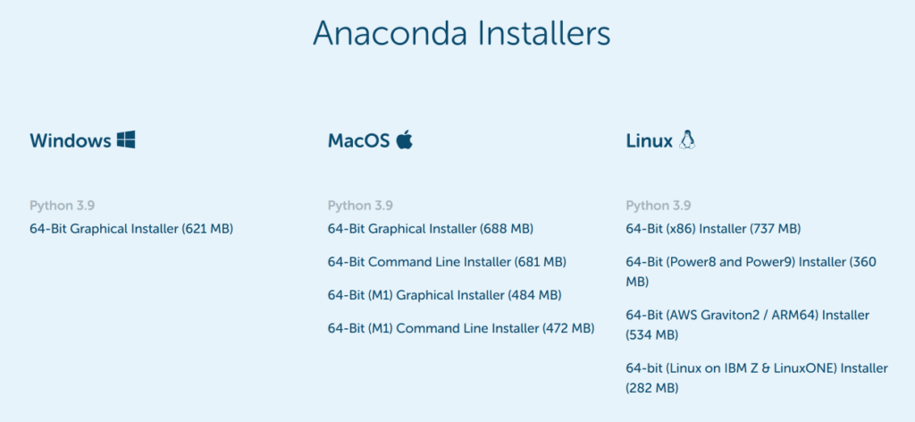 그림 2. 운영체제 및 프로세서 별 Anaconda 설치본(Installer)