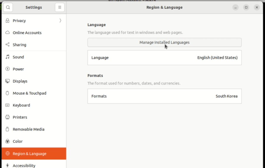 그림 2. Settings > Region & Language > Manage Installed Languages