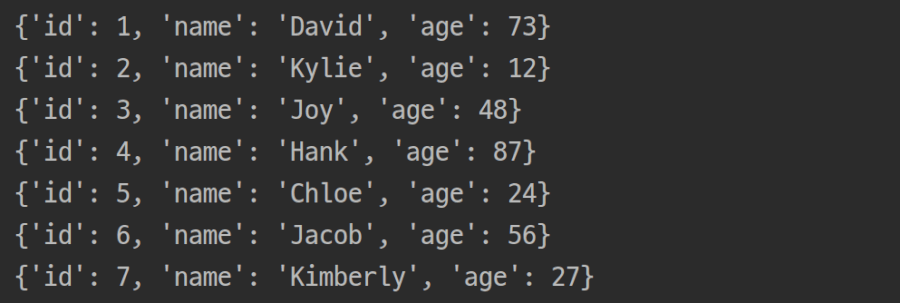 그림 2. Python sqlite3 사용법: 딕셔너리로 구성된 리스트 출력