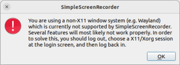 그림 1. Simple Screen Recorder에서 non-X11 윈도우 시스템이 아니라고 알려주는 화면