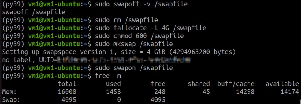 그림 3. Ubuntu swap 설정 변경 방법 및 결과