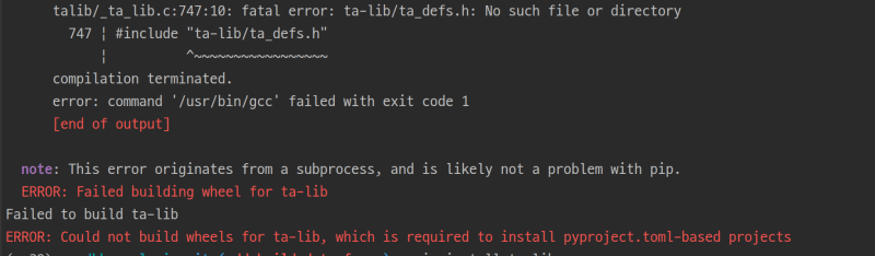 그림 1. Ubuntu에서 파이썬 패키지 ta-lib 설치 과정에서 발생한 오류