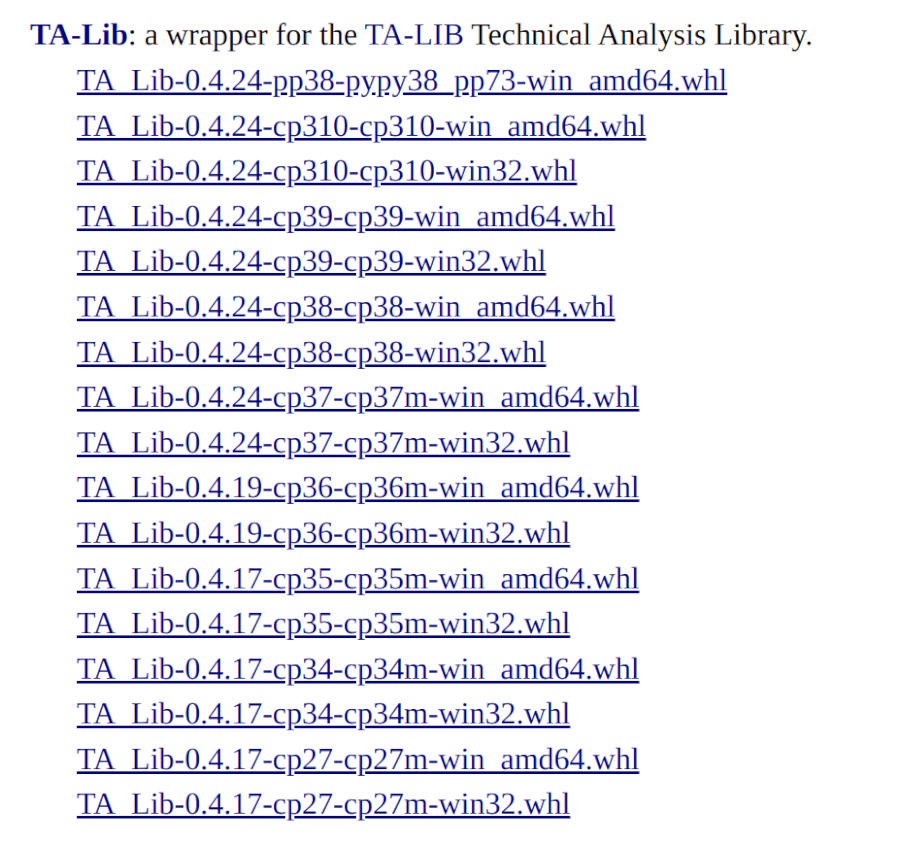 그림 3. Win32와 64용으로 파이썬 버전 별로 빌드된 TA-Lib 목록