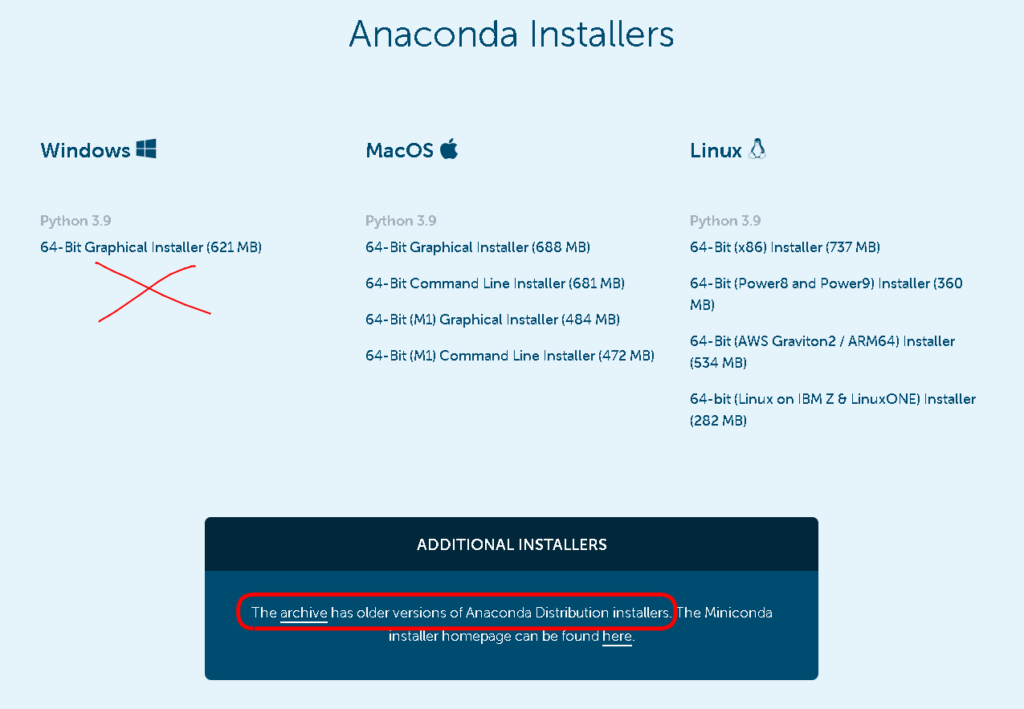 그림 2. 최신 버전의 아나콘다는 32bit를 지원하지 않음(예전 버전을 받아야 함)