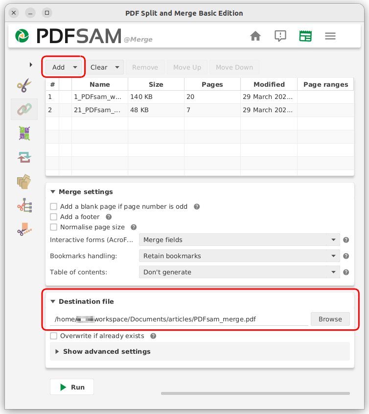 그림 10. PDFSam Merge 설정화면