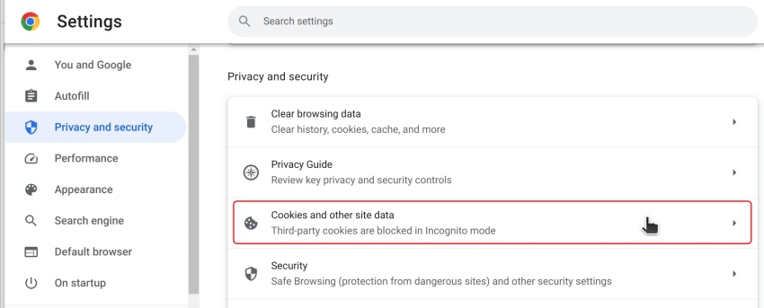 그림 2. 구글 크롬 Settings > Privacy and security > Cookies and other site data