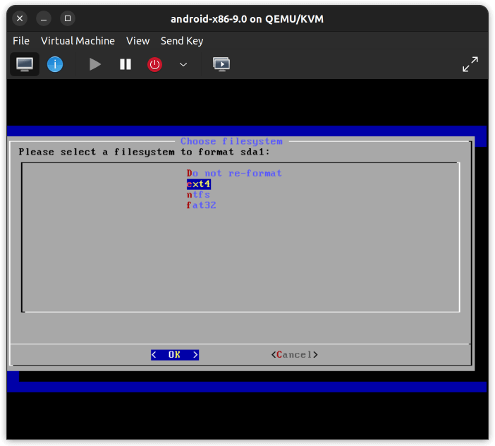 그림 16. 파티션 sda1의 파일시스템 포맷 설정
