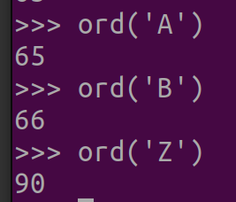그림 1. Python 문자값 변환: char to int를 위한 ord() 실행 결과(대문자)