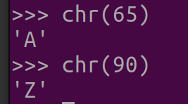 그림 3. Python 문자값 변환: int to char를 위한 chr() 실행결과(대문자)