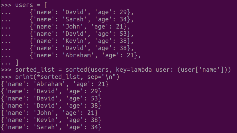 그림 1. Python 딕셔너리 리스트 정렬: user['name'] 기준으로 오름차순 정렬