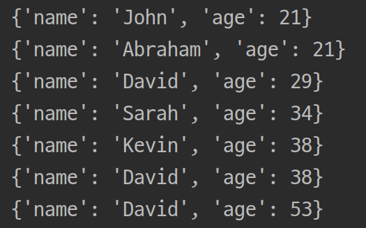 그림 7. Python 딕셔너리 리스트 정렬 1차(나이 오름차순)