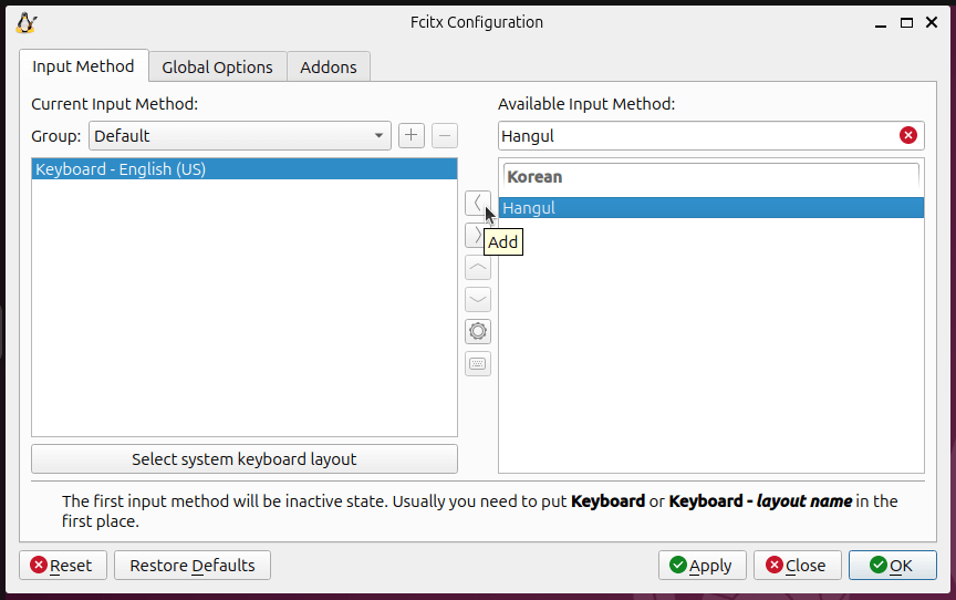 그림 3. 한글입력기 fcitx5: Input Method에 Hangul 추가