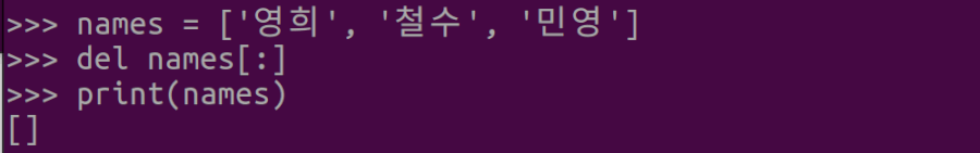 그림 8. Python 리스트 값 삭제: del 메서드로 리스트 비우기(모든 값 삭제)