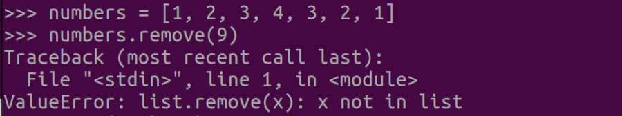 그림 4. list.remove() 메서드로 없는 값을 삭제하려고 하면 ValueError 발생