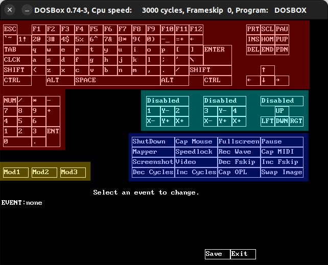 그림 1. DOSBOX 키보드, 조이스틱 설정을 위한 Key Mapper의 영역 표시