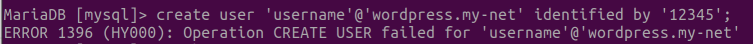 그림 3. MariaDB ERROR 1396 (HY000): Operation CREATE USER failed for 오류 메시지 발생
