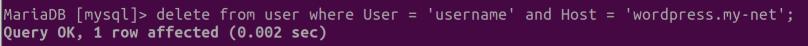 그림 2. MariaDB DELETE문을 사용하여 사용자 삭제
