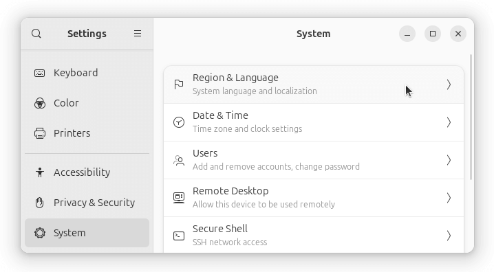 그림 3. Settings > System > Region & Language 선택