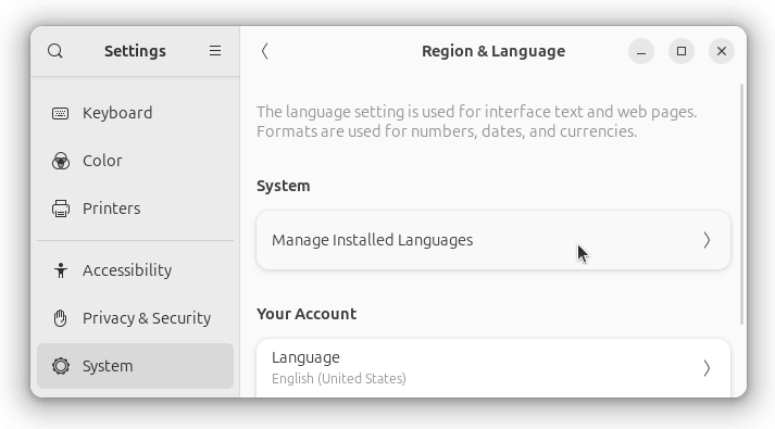 그림 4. Region & Language > Manage Installed Languages 메뉴 선택