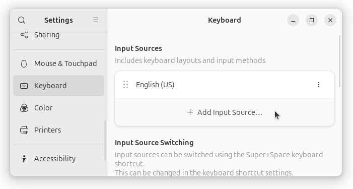 그림 11. 한글입력기 추가를 위해 Add Input Source 선택